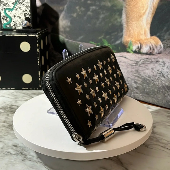 30. JIMMY CHOO Black Leather Zip Wallet With Chrome Star Studs. Missing charm. - Picture 3 of 14